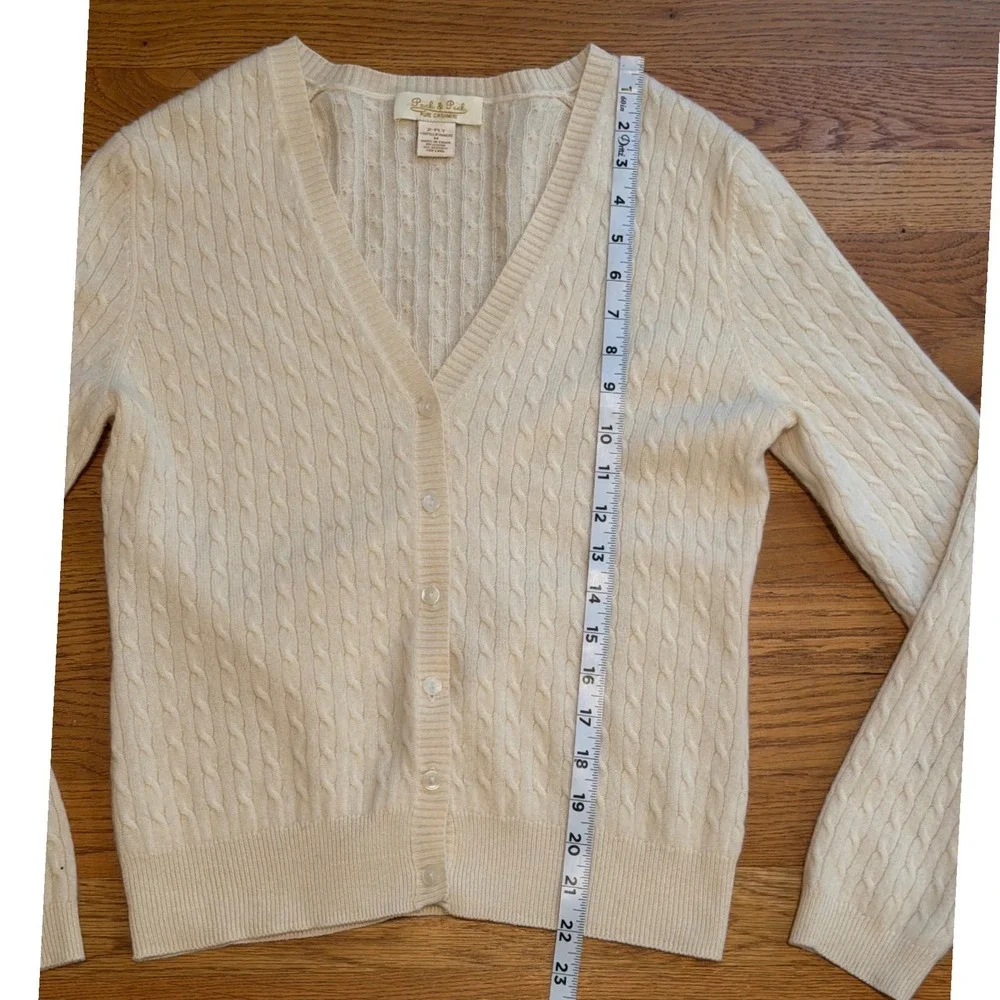 Peck & Peck Pure Cashmere Cable Knit Cardigan Cream Ivory V-Neck Sweater Medium